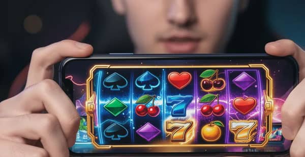 A person is holding a smartphone that displays a vibrant gaming interface filled with colorful card and slot symbols, highlighting the excitement of online gambling and casino games. The image captures the essence of an engaging online casino experience, perfect for players looking to win real cash prizes.