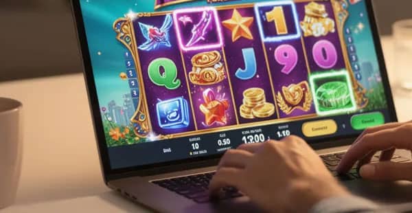 A person is sitting at a desk, intently using a laptop that displays vibrant graphics from various online casino games, showcasing colorful slot machines and table games. The scene suggests an engagement with online casino promotions, possibly exploring options for welcome bonuses or free spins.