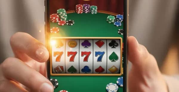 A person is holding a smartphone that displays a vibrant mobile casino app interface, showcasing various online casino games and promotions, including deposit bonus offers and free spins. The screen highlights enticing features such as bonus credits and the chance to win real money through engaging gameplay.