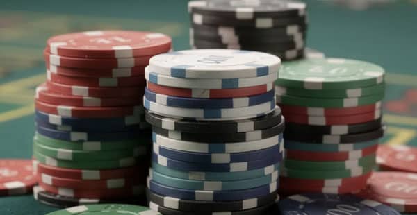 The image shows a vibrant assortment of colorful casino chips neatly stacked in small piles on a rich green felt surface, evoking the lively atmosphere of a casino where players engage in various casino games. These chips represent different values, commonly used in low deposit casinos and online gambling environments.