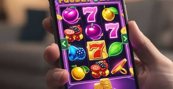 A person is holding a smartphone that displays a vibrant casino game interface featuring colorful slot reels, showcasing the excitement of online casinos. This image highlights the innovative features and engaging design often found in real money online casinos.
