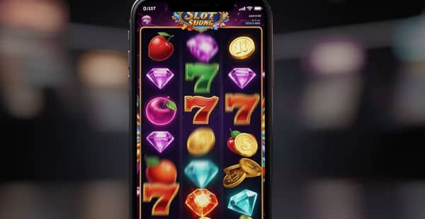 A mobile phone showcases a vibrant slot game interface with colorful spinning reels, inviting users to engage in exciting casino games. This visual emphasizes the allure of online gambling, particularly in the realm of crypto casinos, where players can enjoy features like free spins and deposit bonuses.