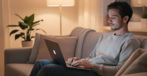 A person is sitting comfortably with a laptop in a cozy home environment, illuminated by soft lighting, suggesting a relaxed atmosphere perfect for online gambling or exploring crypto casinos. The scene conveys a sense of tranquility, ideal for engaging with crypto gambling sites or enjoying live dealer games.