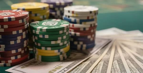 The image features a stack of colorful casino chips alongside various denominations of paper currency, all arranged neatly on a vibrant green felt table, reminiscent of an exciting gaming atmosphere found in online casinos. This scene evokes the thrill of casino games and the potential for bonus winnings, highlighting the allure of deposit bonuses and exclusive promotions.