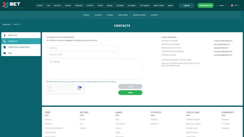 22bet-casino support screenshot
