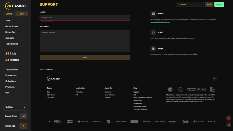 24casino support screenshot