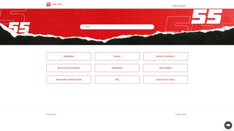 55bet support screenshot