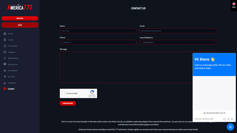 america777 support screenshot