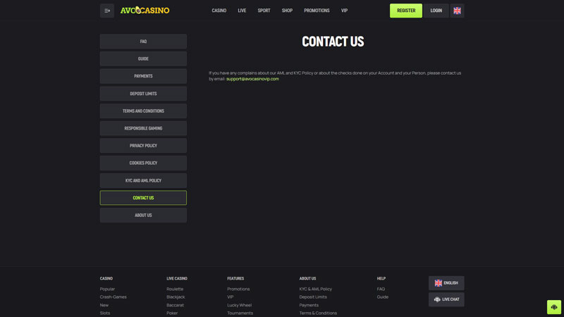 avocasino support screenshot