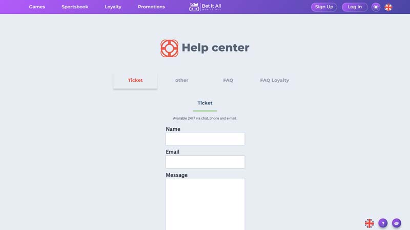 bet-it-all-casino support screenshot