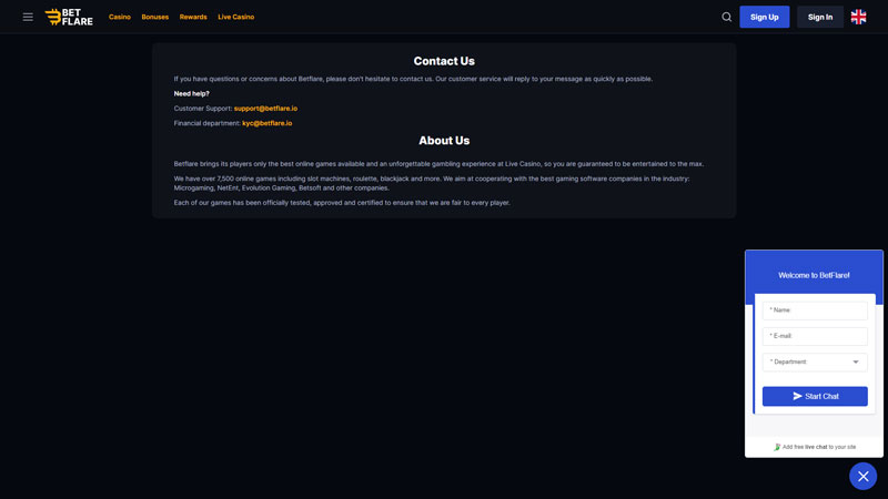 betflare support screenshot