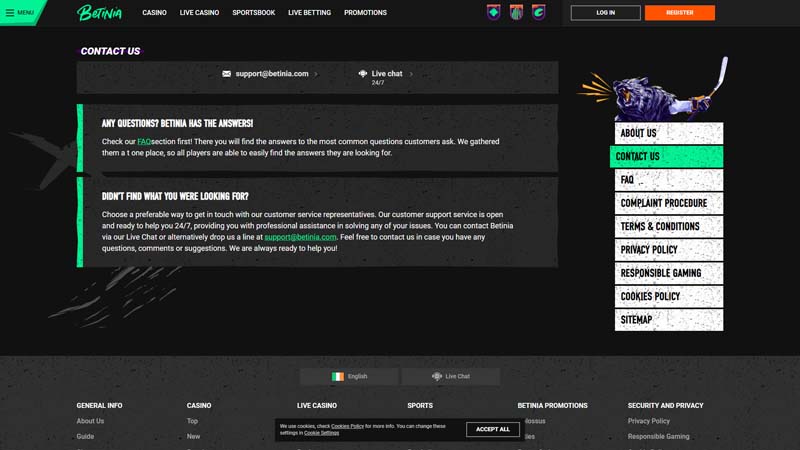betinia support screenshot