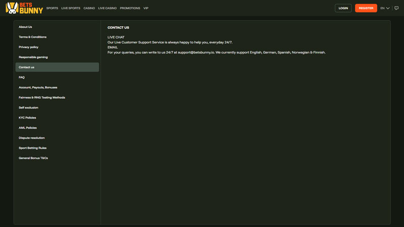 bets-bunny support screenshot