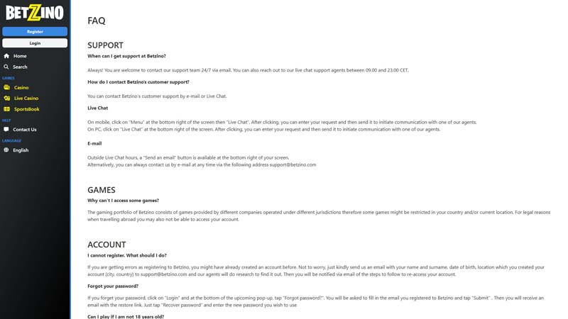 betzino support screenshot