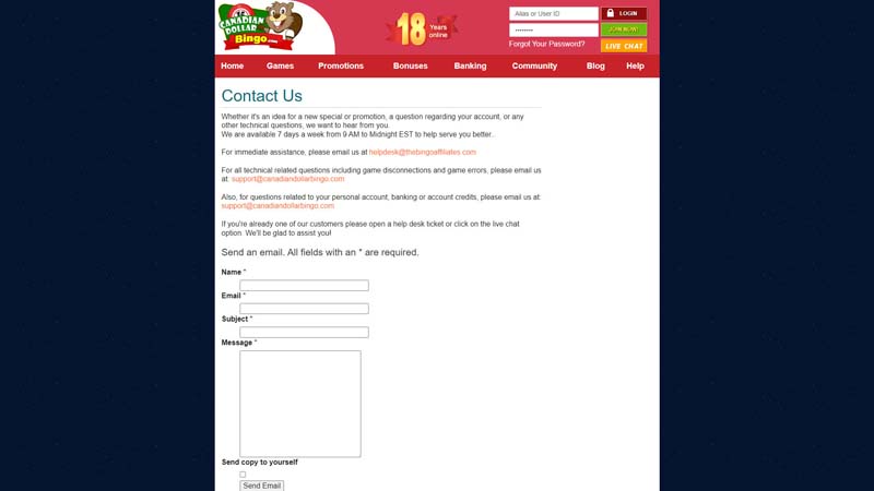 canadian-dollar-bingo support screenshot