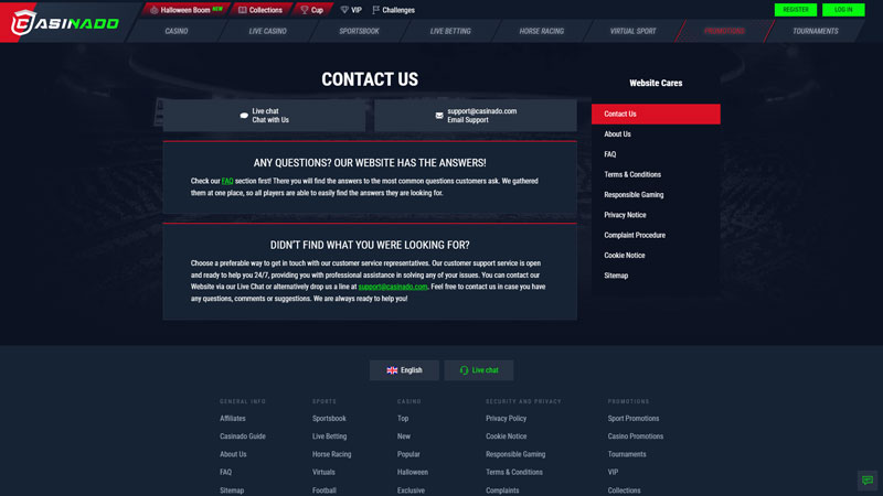 casinado support screenshot