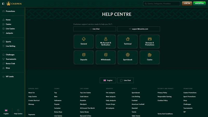 casinia-casino support screenshot