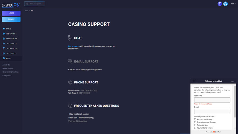 casino-jax support screenshot