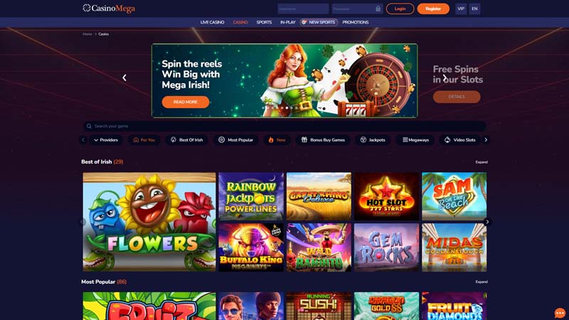 casinomega lobby screenshot