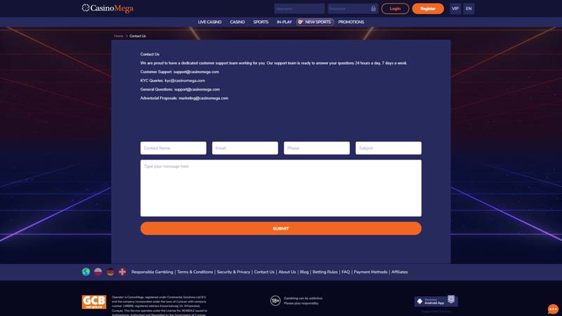 casinomega support screenshot