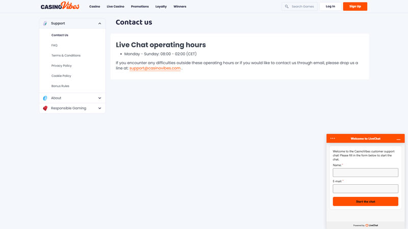 casinovibes support screenshot