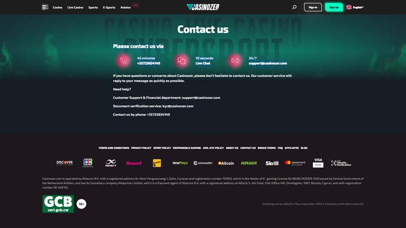 casinozer support screenshot