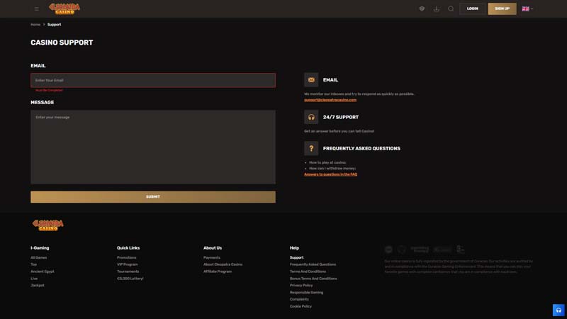 cleopatra-casino support screenshot