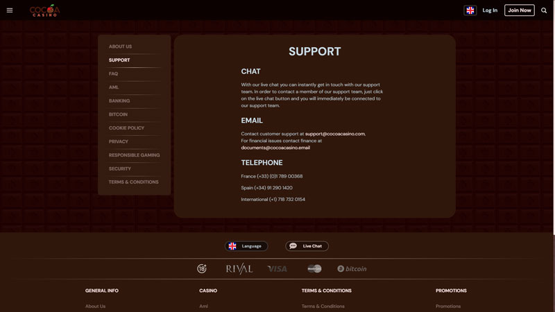 cocoa-casino support screenshot