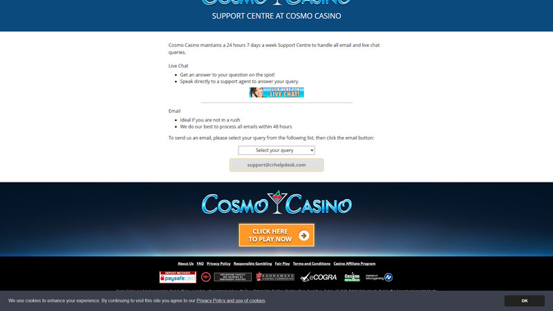 cosmo-casino support screenshot