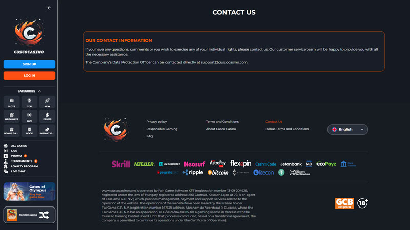 cusco-casino support screenshot