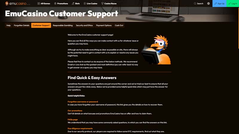 emucasino support screenshot