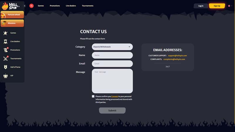 hell-spin support screenshot