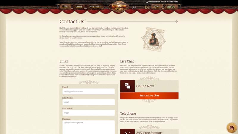 highnoon-casino support screenshot