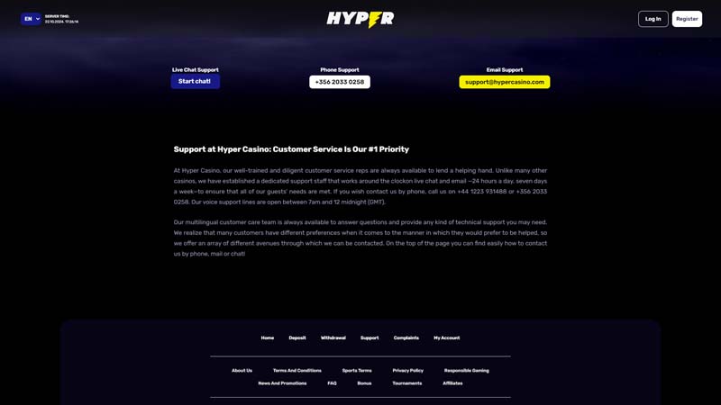hyper-casino support screenshot