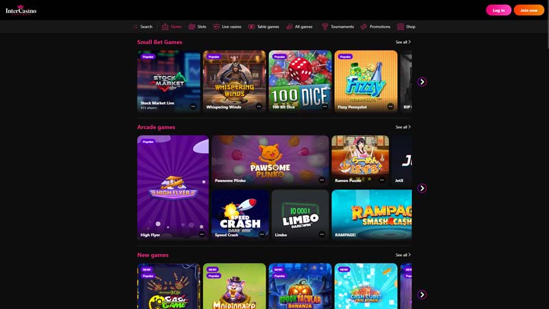 intercasino lobby screenshot