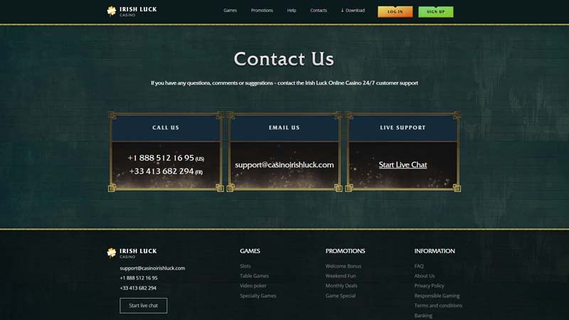 irishluck-casino support screenshot