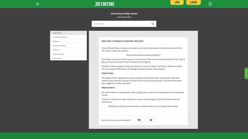 joe-fortune support screenshot