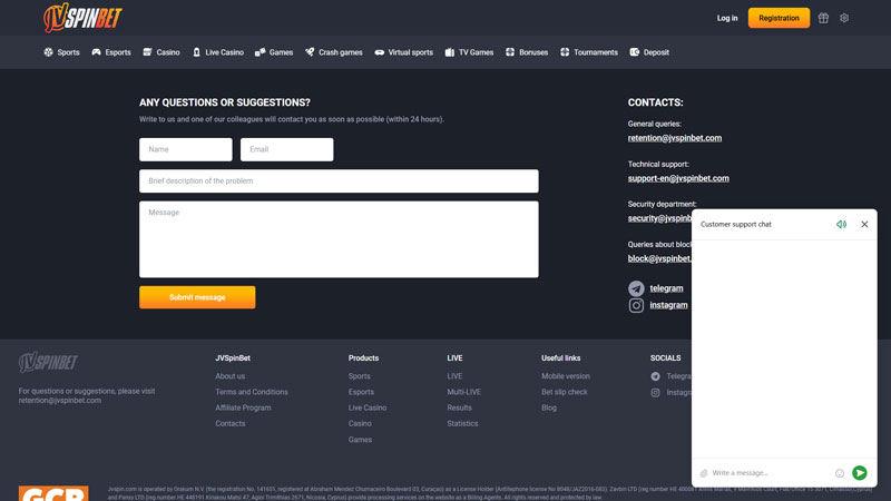 jvspinbet support screenshot
