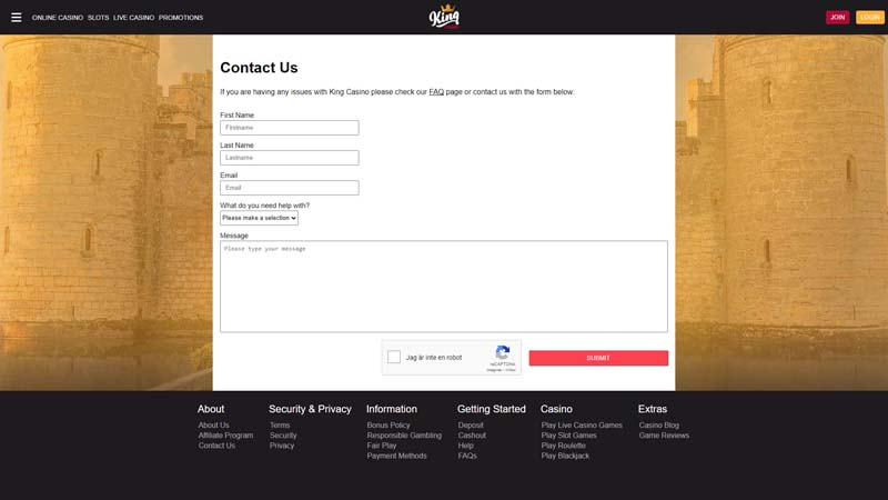 king-casino support screenshot
