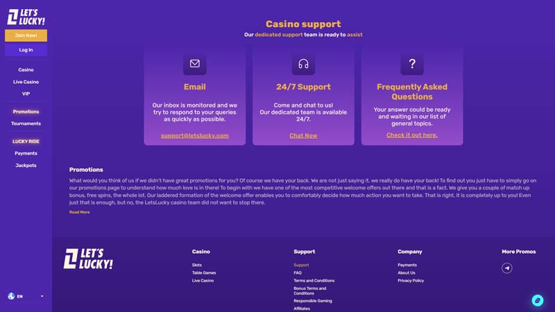 letslucky support screenshot