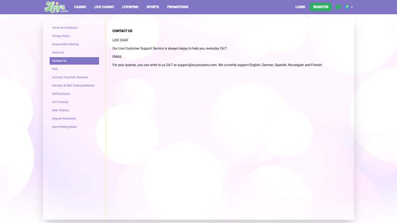 lucys-casino support screenshot