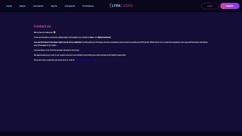 lyracasino support screenshot