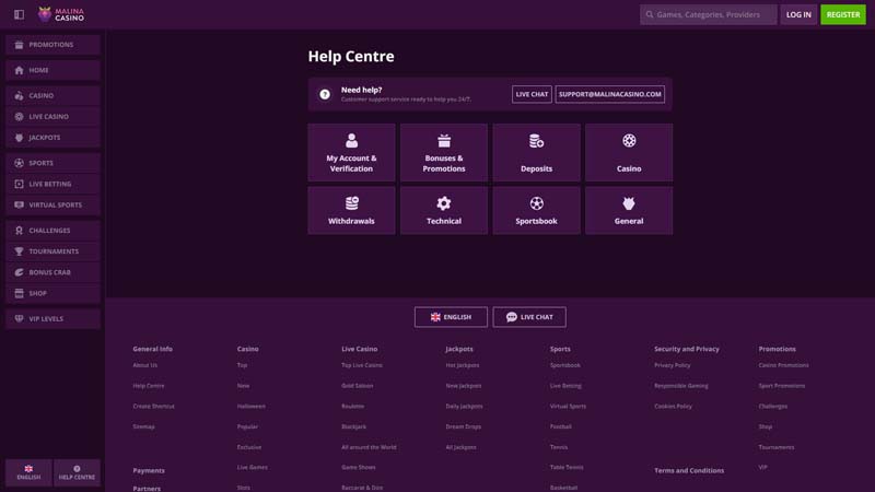 malina-casino support screenshot