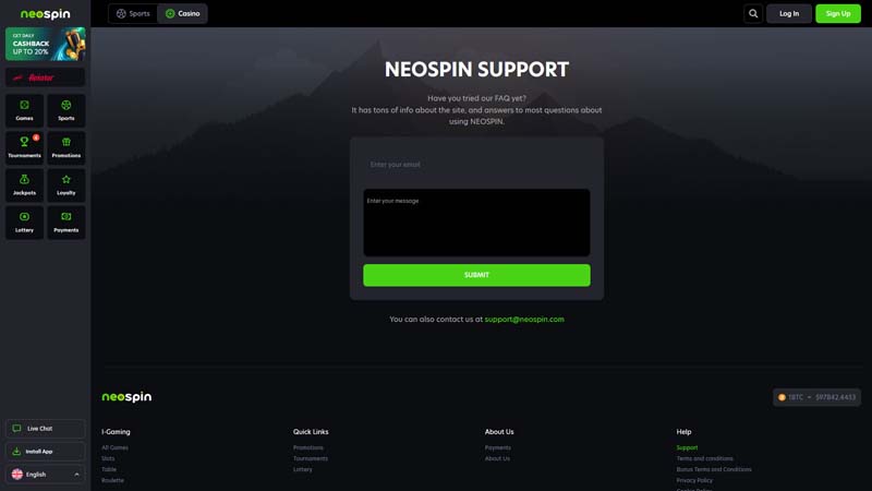 neospin support screenshot