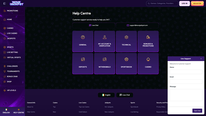novajackpot support screenshot