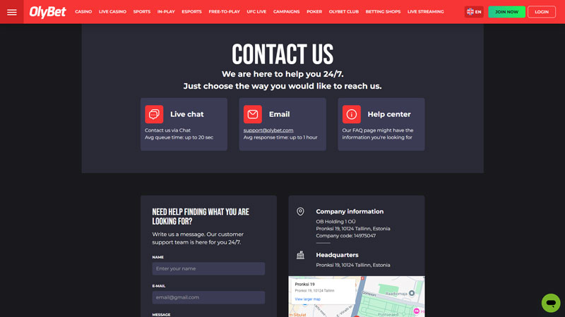 olybet support screenshot