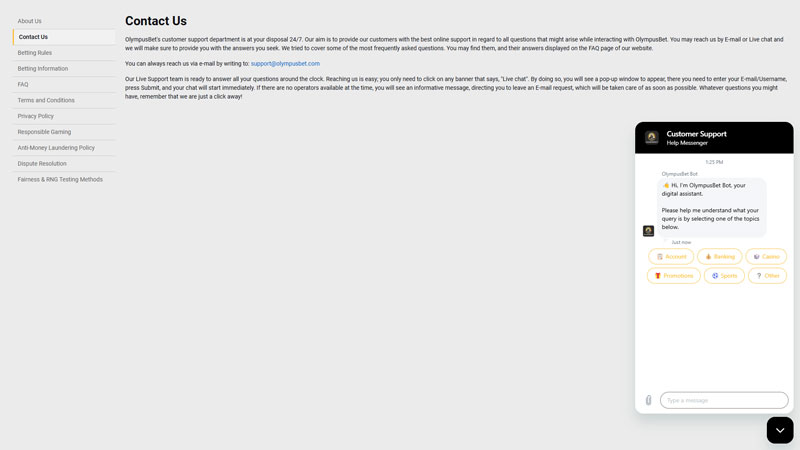 olympusbet support screenshot