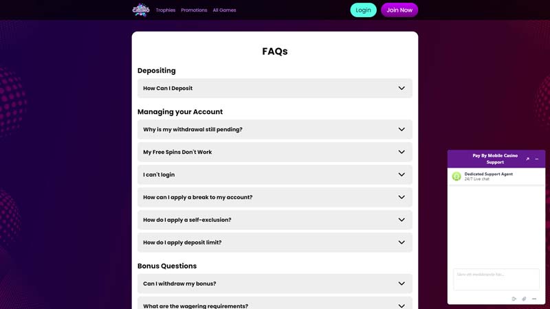 pay-by-mobile-casino support screenshot