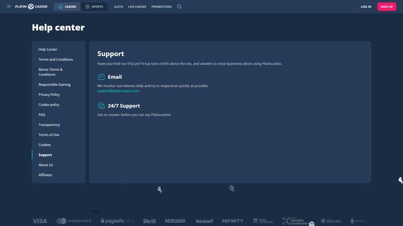 platin-casino support screenshot