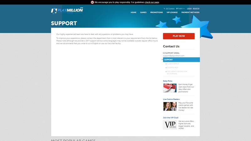 play-million-casino support screenshot